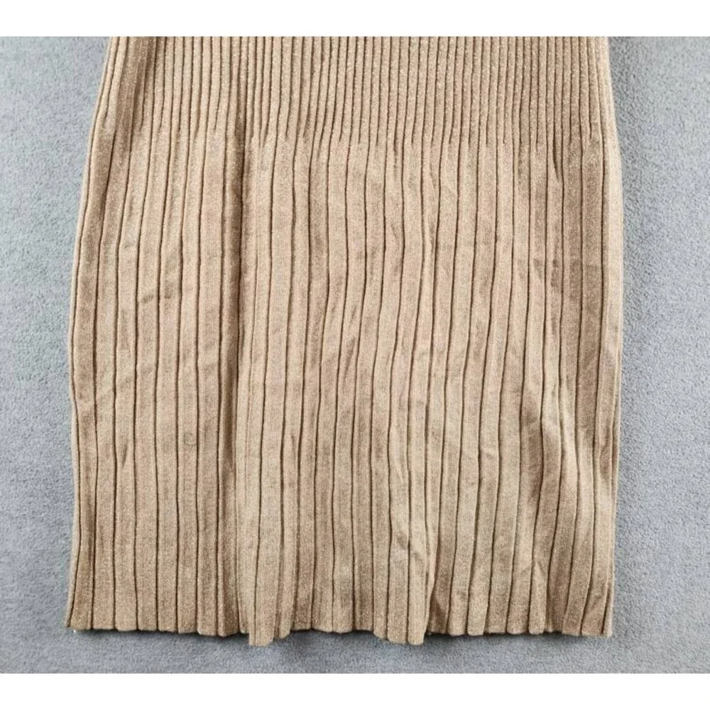 T Tahari Metallic Pleated Pull-On Midi Skirt Women's M Gold Ribbed Elastic Waist